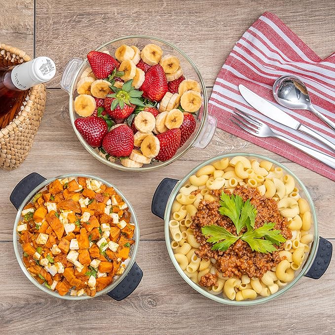 Moss & Stone 3-Piece Glass Casserole With Covered, 2.6/1.5/1 Qt Durable Bakeware Set, Borosilicate Glass Bowls, Bakeware Dish Oven Safe, & Microwave Safe, Clear Glass Baking Dish
