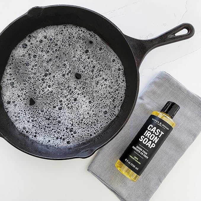 CARON & DOUCET - Cast Iron Cleaning & Conditioning Set: Seasoning Oil & Cleaning Soap | 100% Plant-Based | Best for Washing, Restoring & Seasoning Cast Iron Skillets, Pans & Grills! 8oz Each