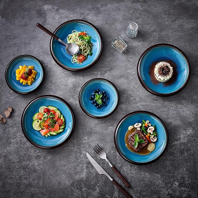 Ceramic Dinner Plates Set of 4, 8 Inch Large Porcelain Pasta and Salad Plates, Stoneware Plate Set for 4, Handmade Round Dishes for Home Decor, Microwave,Oven,and Dishwasher Safe, Blue