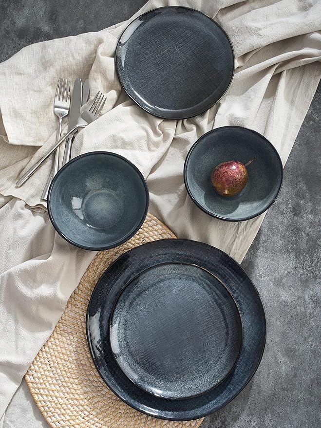 Famiware Moonlight Plates and Bowls Sets, 12 Pieces Stoneware Dinnerware Sets with Linen Finish, Handmade Dishware Set for 4, Microwave and Dishwasher Safe, Chip and Scratch Resistant, Dark Blue