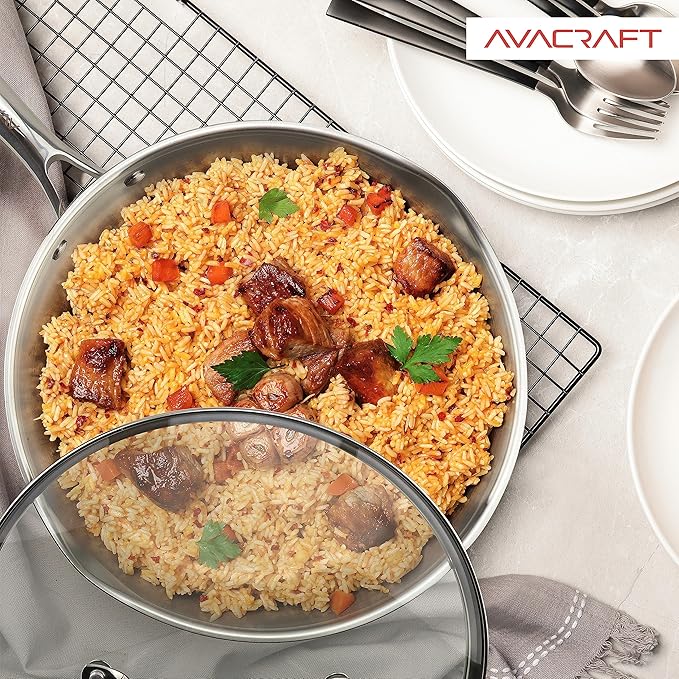 AVACRAFT 18/10 12 Inch Stainless Steel Frying Pan with Lid, Side Spouts, Induction Pan, Versatile Stainless Steel Skillet, Fry Pan in our Pots and Pans (12 inch)