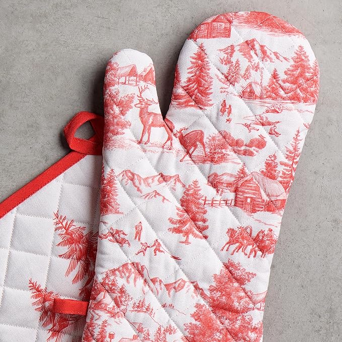Maison d' Hermine 100% Cotton Oven Mitt & Pot Holder Set (7.5"x13" & 8"x8") Heat Resistant BBQ Cooking Gloves with Loop, Baking, Grilling, Kitchen, Handling Hot Pans (Winter Jouy)
