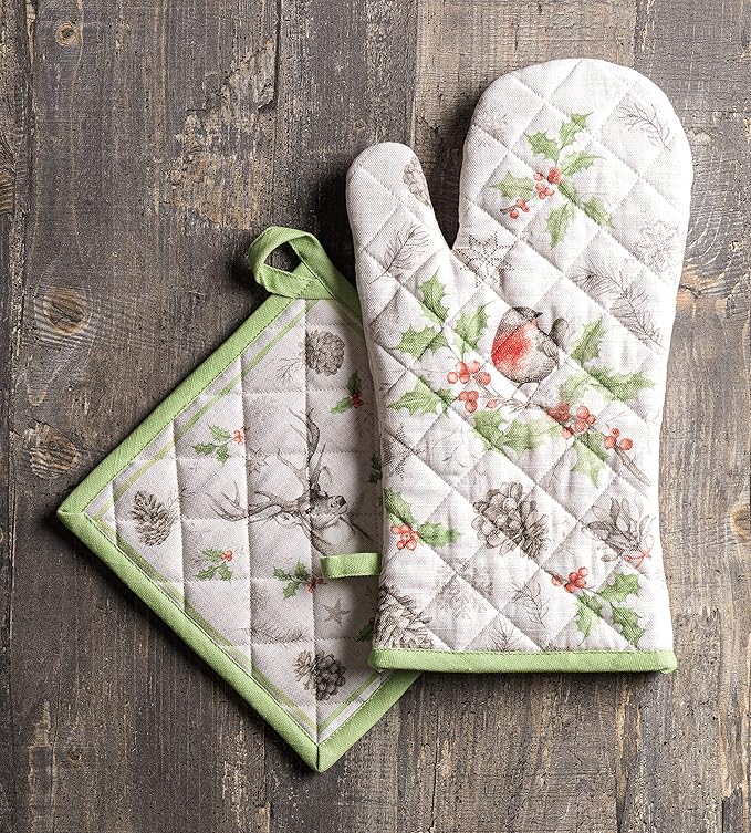 Maison d' Hermine 100% Cotton Oven Mitt & Pot Holder Set (7.5"x13" & 8"x8") Heat Resistant BBQ Cooking Gloves with Loop, Baking, Grilling, Kitchen, Handling Hot Pans (Christmas Dew)
