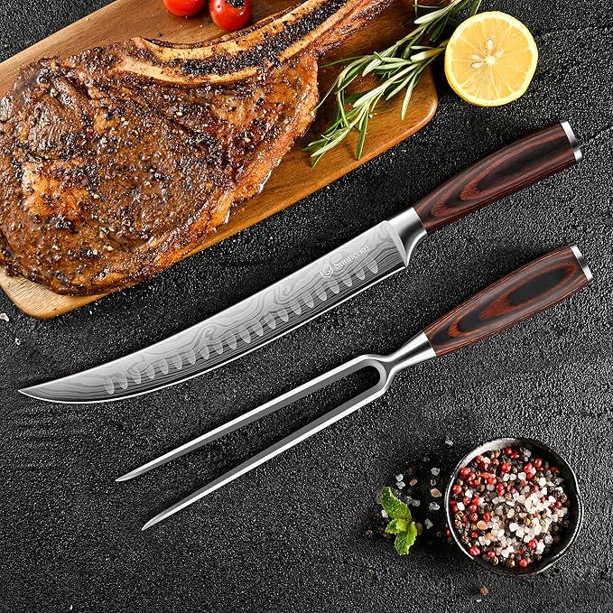 Sunnecko Butcher Knife,Razor Sharp Breaking Knife for Meat Cutting,High Carbon German Steel Carving Knives with Meat Fork