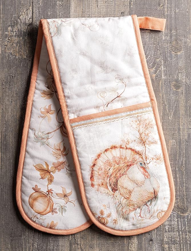 Maison d' Hermine Double Oven Mitts 100% Cotton 7"x35" Double Oven Mitt Heat Resistant BBQ Cooking Gloves with Loop, Baking, Grilling, Home, Kitchen, Handling Hot Pans (Giving Thanks)