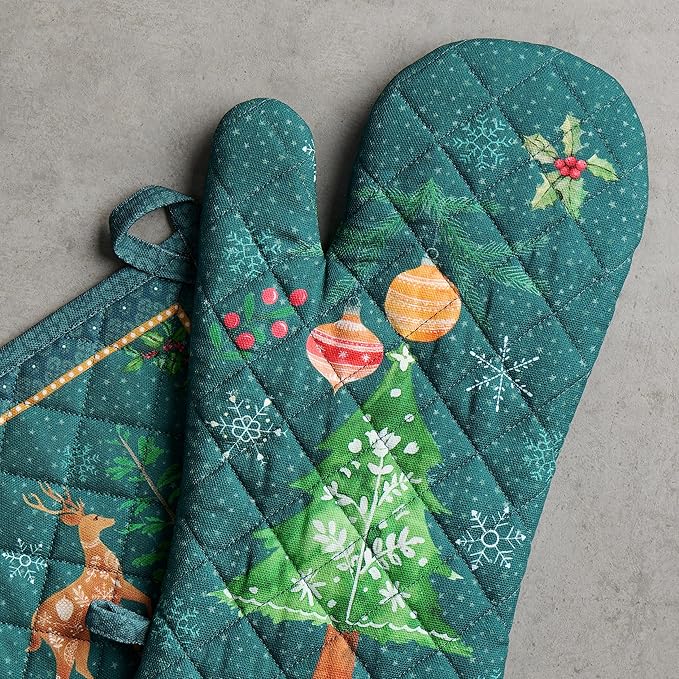 Maison d' Hermine 100% Cotton Oven Mitt & Pot Holder Set (7.5"x13" & 8"x8") Heat Resistant BBQ Cooking Gloves with Loop, Baking, Grilling, Kitchen, Handling Hot Pans (Hygge Christmas)