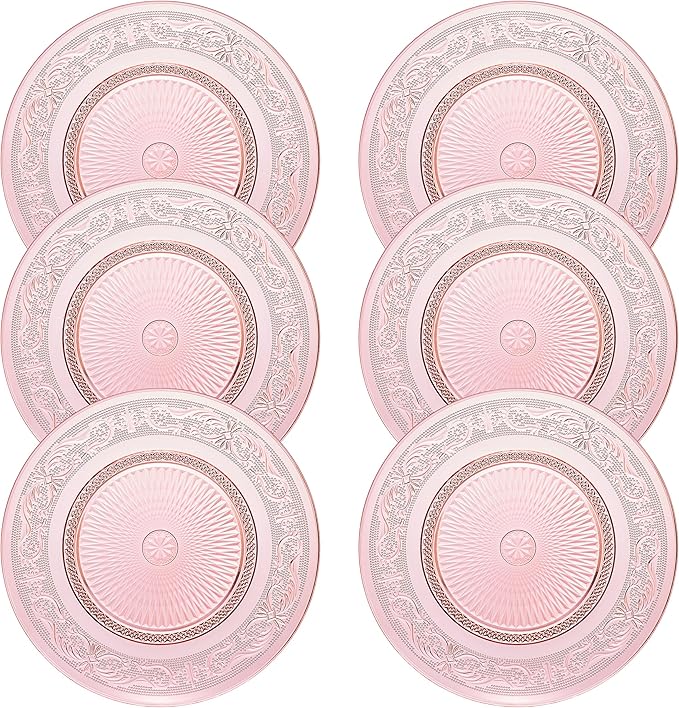 Art Deco Vintage Crystal Pink Plates | Set of 6 | Unique 10.5" Dinner or Charger Plates - Dinner, Charger, Dessert Server, Appetizer Plate, Snack, Fruit, Hand Wash, Housewarming Gift
