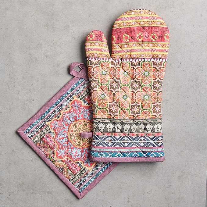 Maison d' Hermine 100% Cotton Oven Mitt & Pot Holder Set (7.5"x13" & 8"x8") Heat Resistant BBQ Cooking Gloves with Loop, Baking, Grilling, Kitchen, Handling Hot Pans (Ispahan)