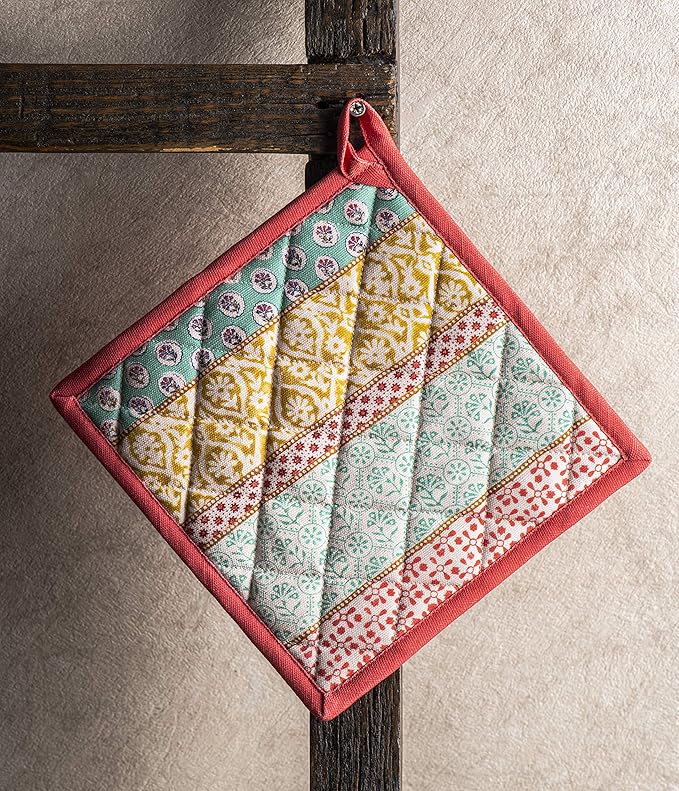 Maison d' Hermine Pot Holders Set 100% Cotton Heat Resistant Potholders 8" x 8" Hot Pads with Loop BBQ, Cooking, Baking, Grilling, Kitchen, Handling Hot Pans Spring/Summer (Pack of 2, Provence)