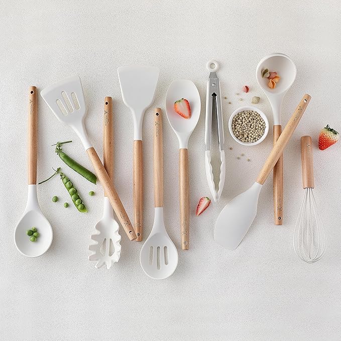 Silicone Cooking Utensils Set, MONGSEW Heat Resistant Kitchen Utensils for Cooking with Wooden Handle, Spatula Turner Spoon Tongs Whisk (WHITE, Smile Dog Pattern)