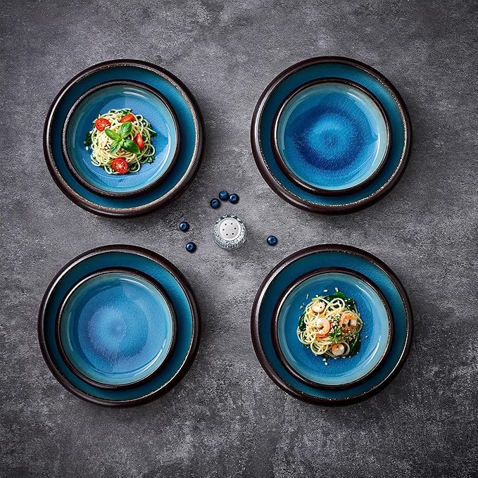 Ceramic Dinner Plates Set of 4, 6 Inch Large Porcelain Pasta and Salad Plates, Stoneware Plate Set for 4, Handmade Round Dishes for Home Decor, Microwave,Oven,and Dishwasher Safe, Blue