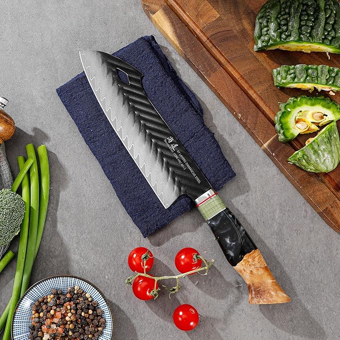 SHANGDAO Damascus Santoku Knife 7.5 Inch, 67 Layers Alloy Steel, With Professional Hand Forged Resin & Wood Handle QILIN Series