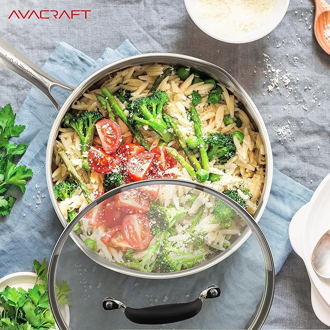 AVACRAFT 18/10 10 Inch Stainless Steel Frying Pan with Lid, Side Spouts, Induction, Versatile Stainless Steel Skillet