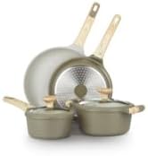 Bambù 6Pcs Cookware set, Die-cast Aluminum pots and pans, Nonstick frying pans and casseroles, Induction safe, PFOA-free (Green and Cream, 6 pcs)