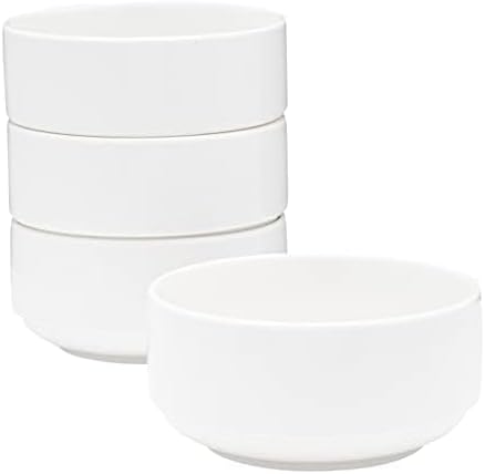 Vikko White Soup Bowls, Set of 4 for Kitchen, 12 Ounce Cereal, Small Ceramic Rice Bowls, Side Dishes, Microwave Safe