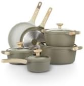 Bambù 10Pcs Cookware set, Die-cast Aluminum pots and pans, Nonstick frying pans and casseroles, Induction safe, PFOA-free (Green and Cream, 10 pcs)