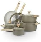 Bambù 10Pcs Cookware set, Die-cast Aluminum pots and pans, Nonstick frying pans and casseroles, Induction safe, PFOA-free (Green and Cream, 10 pcs)