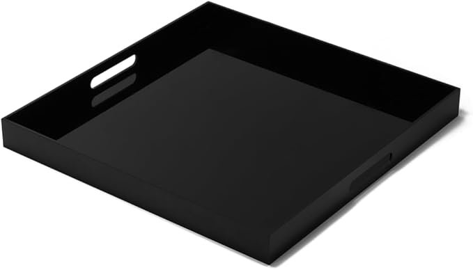 Glossy Black Sturdy Acrylic Serving Tray with Handles-24x24Inch-Serving Coffee,Appetizer,Breakfast,Butler-Kitchen Countertop Tray-Makeup Drawer Organizer-Vanity Table,Ottoman Tray-Decorative