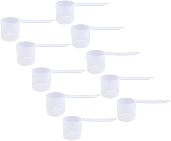 Plastic Measuring Scoop, (70 cc | 2.37 fl oz. | 70 mL) Long Handle Spoons for Powders, Granules, Coffee, Pet Food, Baking, Protein and Other Dry Goods, BPA Free (Set of 10)