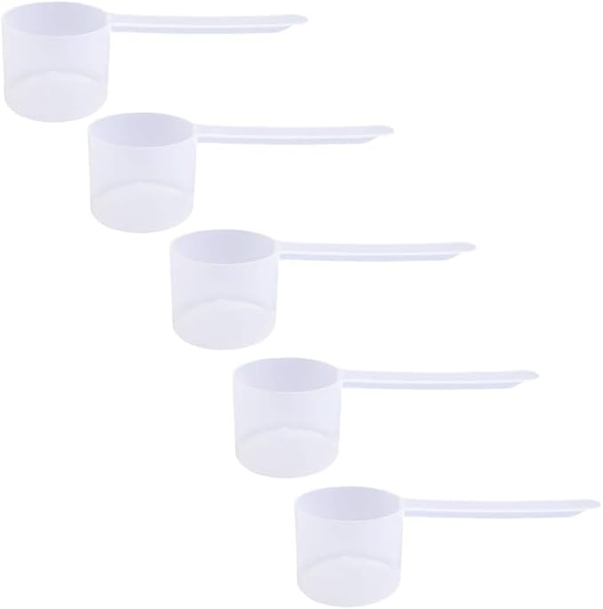 Plastic Measuring Scoop, (48 cc | 48 mL) Long Handle Spoons for Powders, Granules, Coffee, Pet Food, Baking Supplies, Protein and Other Dry Goods, BPA Free (Set of 5)