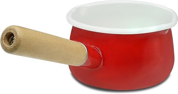 Enamel Milk Pan with Dual Pour Spout Butter Warmer Milk Pot for Stove Top Healthy White Enameled Inside Coating Iron 1QT Small Soup Pot with Wooden Handle (Red)