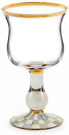 MACKENZIE-CHILDS Stemmed Wine Glass, Decorative Wine Glassware, 16 Ounces, Gray-and-White Sterling Check