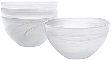Vikko Salad Bowl, Set of 4 White Alabaster Style Soup Bowls, 6" Bowl with Marbelized Design, Large 32 Ounce Bowls Set, For Pasta, Fruit, Ramen Bowl, Dishwasher Safe
