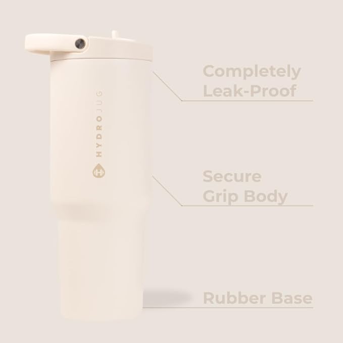 HydroJug Sport - Stainless Steel Tumbler with Straw, Vacuum Insulated, 40oz Leakproof Water Bottle, Ergonomic Design, Reusable, Dishwasher Safe, Rubber Base, Durable for Gym or Outdoors, Cream