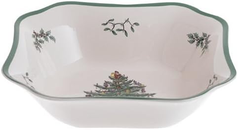Spode Christmas Tree 9.5-Inch Square Salad Bowl - Ceramic Earthenware Serving Bowl for Salads, Soups, Pasta, and Side Dishes - Festive Holiday Dinnerware with Iconic Christmas Tree Design