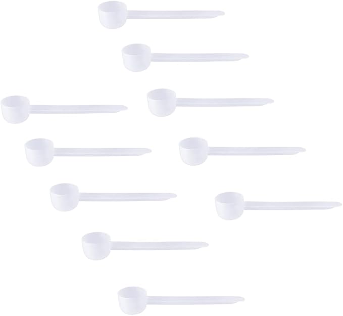 Plastic Measuring Scoop, 2 teaspoon (BOWL 10 cc | 10 mL) Long Handle Spoons for Powders, Granules, Coffee, Pet Food, Baking Supplies, Protein and Other Dry Goods, BPA Free (Set of 10)