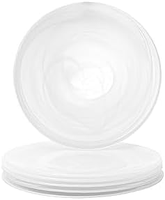 Vikko Lunch Plates, Set of 6 White Alabaster Plates, 8.5" Plate with Marbelized, Swirl Design, Elegant Glass Entree Plate, Dishwasher Safe