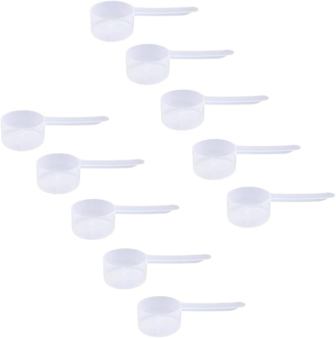 Plastic Measuring Scoop, (39 cc | 2.63 tbsp | 1.32 fl oz. | 39 mL) Long Handle Spoons for Powders, Granules, Coffee, Pet Food, Baking Supplies, Protein and Other Dry Goods, BPA Free (Set of 10)