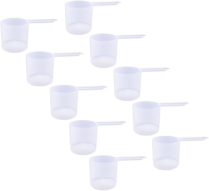 Plastic Measuring Scoop, (118.4 cc | 4 fl oz. | 118.4 mL) Long Handle Spoons for Powders, Granules, Coffee, Pet Food, Baking, Protein and Other Dry Goods, BPA Free (Set of 10)