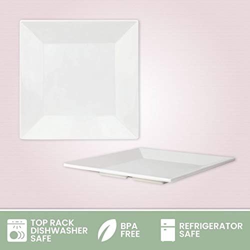[6 x 4 Pack] 10" x 10" White Square Melamine Plates, Unbreakable Elegant Dinnerware Set With Sauce Dish