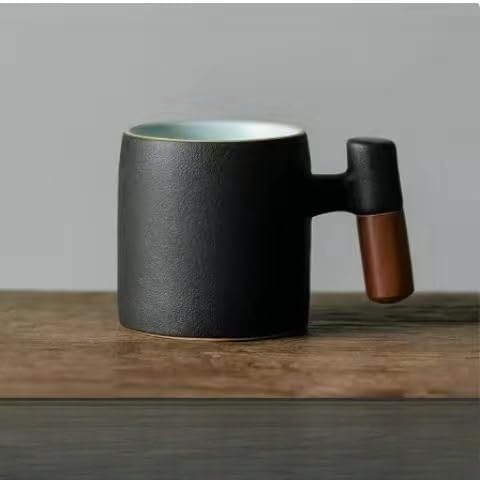 2-Oz Ceramic Espresso Cups with Wood Handle, 2/4-Piece Set for Coffee, Tea, Latte - Dishwasher Safe, Multi-Color & Wood Styles, Gift & Café Use (black, Wooden Handle4)