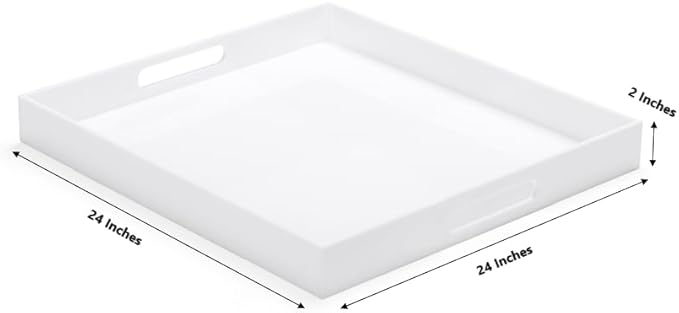 White Acrylic Ottoman Tray with Cutout Handles 24x24 Inch Over-Sized Serving Tray Rubber Boot Organizer Decorative Tray for Living Room, Bedroom,Bathroom Entryway and Kitchen Tabletop