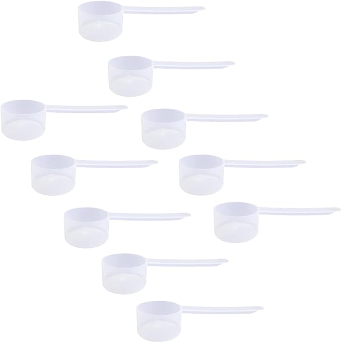 Plastic Measuring Scoop, (43 cc | 1.5 Oz. | 43 mL) Long Handle Spoons for Powders, Granules, Coffee, Pet Food, Baking Supplies, Protein and Other Dry Goods, BPA Free (Set of 10)