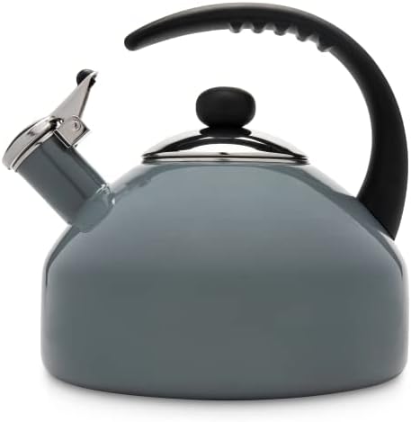 Farberware Omega Tea Kettle, Whistling Tea Pot, Works For All Stovetops, Porcelain Enamel on Carbon Steel, BPA-Free, Rust-Proof, Stay Cool Handle, 2.75 quart (11 cups) Capacity(Gray)