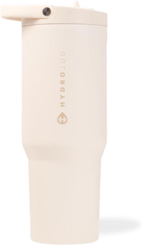 HydroJug Sport - Stainless Steel Tumbler with Straw, Vacuum Insulated, 32oz Leakproof Water Bottle, Ergonomic Design, Reusable, Dishwasher Safe, Rubber Base, Durable for Gym or Outdoors, Cream