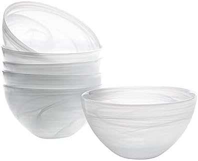 Vikko Salad Bowl, Set of 6 White Alabaster Style Soup Bowls, 6" Bowl with Marbelized Design, Large 32 Ounce Bowls Set, For Pasta, Fruit, Ramen Bowl, Dishwasher Safe