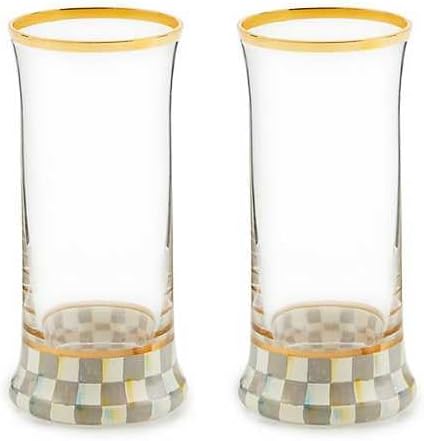 MACKENZIE-CHILDS Highball Glasses, Tall Drinking Glasses with Gold Rims, 15 Ounces, Set of 2, Gray-and-White Sterling Check