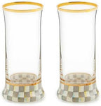 MACKENZIE-CHILDS Highball Glasses, Tall Drinking Glasses with Gold Rims, 15 Ounces, Set of 2, Gray-and-White Sterling Check
