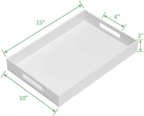 Glossy White Sturdy Acrylic Serving Tray with Handles-10x15Inch-Serving Coffee Appetizer Breakfast Butler-Kitchen Countertop-Makeup Drawer Organizer-Vanity Table Tray-Ottoman Tray