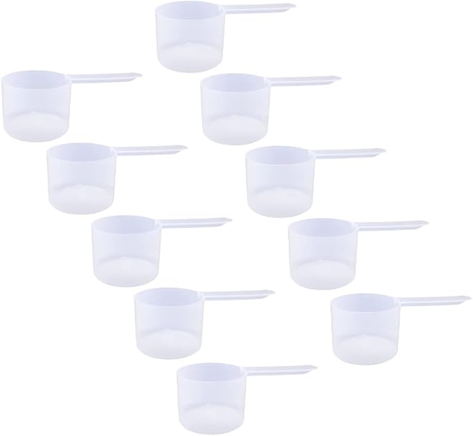 Plastic Measuring Scoop, 6 Tablespoon (90 cc | 3/8 Cup | 3 oz. | 90 mL) Long Handle Spoons for Powders, Granules, Coffee, Pet Food, Baking Supplies, Protein and Other Dry Goods, BPA Free (Set of 10)