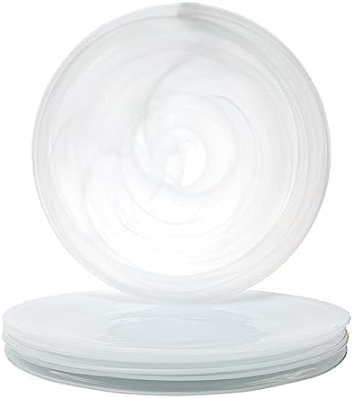 Vikko Charger Plates, Set of 6 White Alabaster Dinner Plates, 13" Plate with Marbelized, Swirl Design, Elegant Glass Charger, Dishwasher Safe