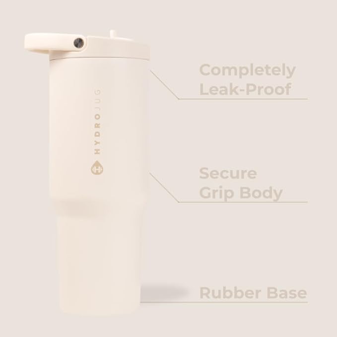 HydroJug Sport - Stainless Steel Tumbler with Straw, Vacuum Insulated, 32oz Leakproof Water Bottle, Ergonomic Design, Reusable, Dishwasher Safe, Rubber Base, Durable for Gym or Outdoors, Cream