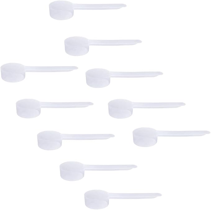 Plastic Measuring Scoop, 2 teaspoon (11 cc | 11 mL) Long Handle Spoons for Powders, Granules, Coffee, Pet Food, Baking Supplies, Protein and Other Dry Goods, BPA Free (Set of 10)