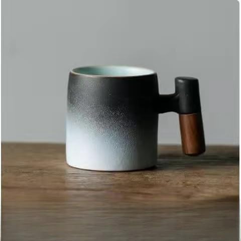 2-Oz Ceramic Espresso Cups with Wood Handle, 2/4-Piece Set for Coffee, Tea, Latte - Dishwasher Safe, Multi-Color & Wood Styles, Gift & Café Use (black white, Wooden Handle4)