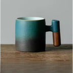 2-Oz Ceramic Espresso Cups with Wood Handle, 2/4-Piece Set for Coffee, Tea, Latte - Dishwasher Safe, Multi-Color & Wood Styles, Gift & Café Use (blue black, Wooden Handle4)