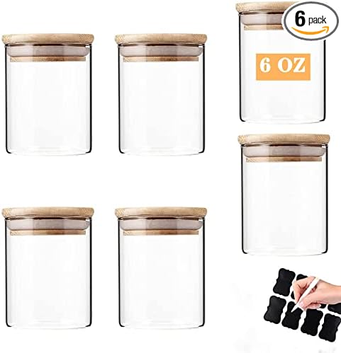 Glass Jars with Bamboo Wooden Airtight Lids 6oz 10oz Spice Jars Food Storage Containers for Home Kitchen, Tea, Salt, Pepper, Spices, Coffee, Herbs, Grains (6 OZ, 6 PCS)